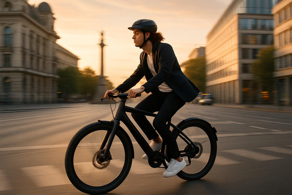 Woon-werkverkeer op haar e-bike door een Europese stad in 2025, om te illustreren of e-bikes de moeite waard zijn voor stedelijke reizen